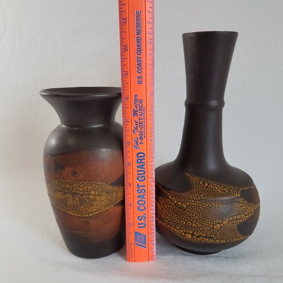 Royal Haeger Pottery Vase Set Brown Earth Wrap Volcanic Lava Orange Peel Glaze - Picture 2 of 15